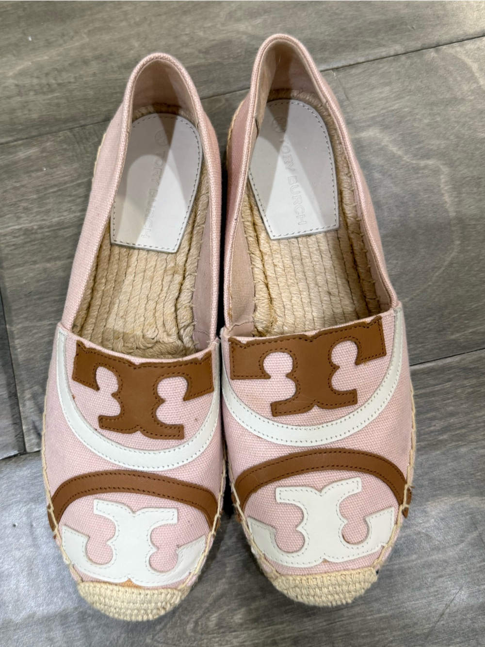 NWOT Tory Burch Pink Canvas Espadrille Flats with White and Tan Logo Accents